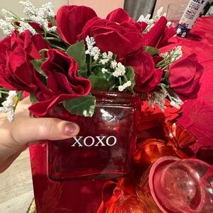 Red Glass Vase with Artificial Roses